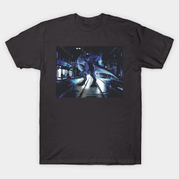 T-Rex Downtown Rampage T-Shirt by MerlinArt